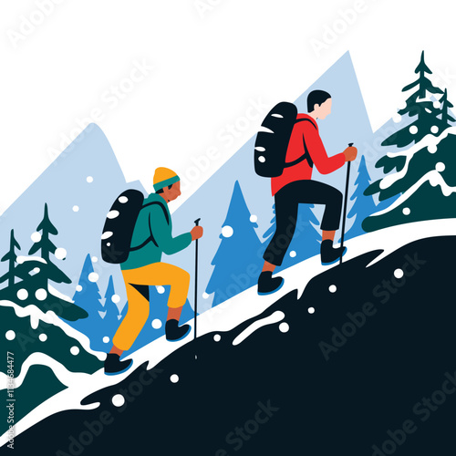 Distant View of Hikers in Snowy Winter Landscape - Vector Illustration