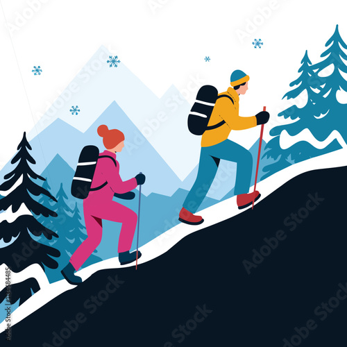 Distant View of Hikers in Snowy Winter Landscape - Vector Illustration