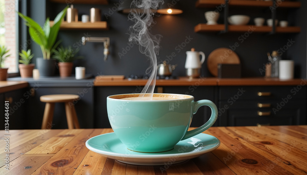 A steaming coffee cup in a cozy kitchen with wooden decor and plants A steaming coffee cup in a cozy kitchen with wooden decor and plants