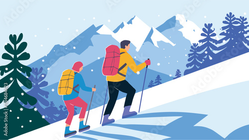 Distant View of Hikers in Snowy Winter Landscape - Vector Illustration