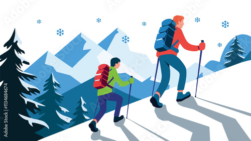 Distant View of Hikers in Snowy Winter Landscape - Vector Illustration