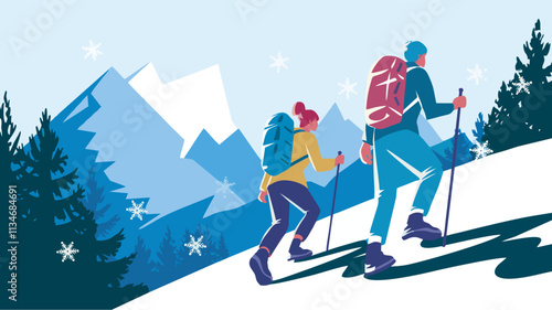 Distant View of Hikers in Snowy Winter Landscape - Vector Illustration