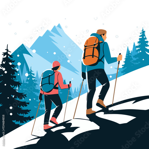 Distant View of Hikers in Snowy Winter Landscape - Vector Illustration