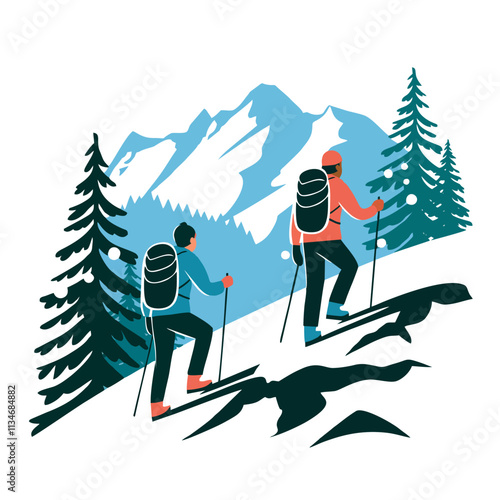 Distant View of Hikers in Snowy Winter Landscape - Vector Illustration
