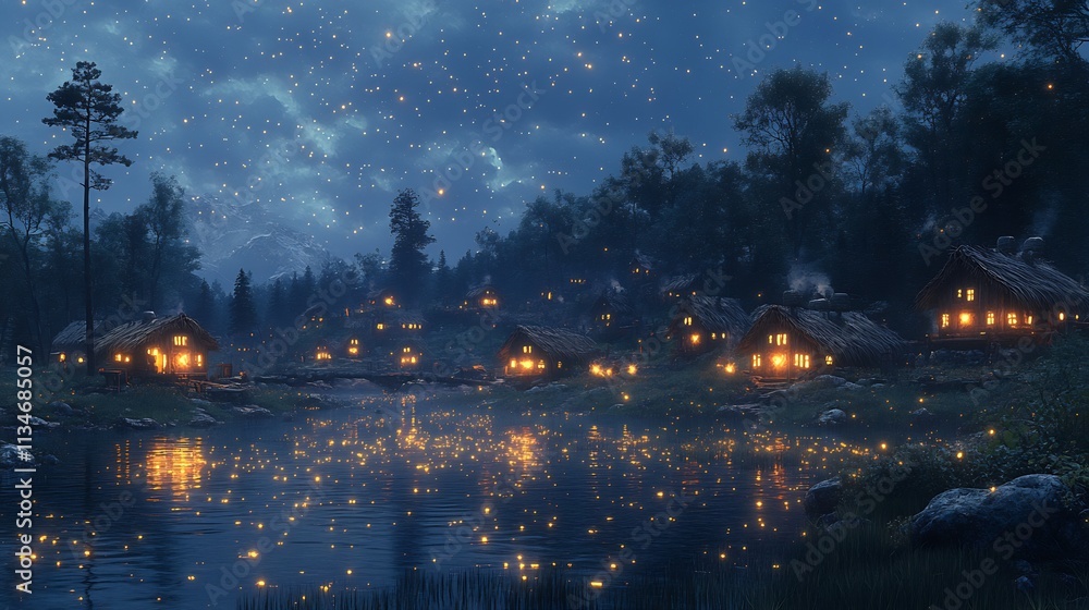 Fantasy depiction of Clovis settlement twilight a blending of imagination and history homes glowing warmly from inside fireflies illuminating the scene a peaceful harmony with the natural world Fantasy depiction of Clovis settlement twilight a blending of imagination and history homes glowing warmly from inside fireflies illuminating the scene a peaceful harmony with the natural world