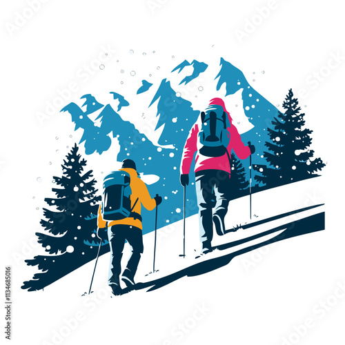 Distant View of Hikers in Snowy Winter Landscape - Vector Illustration