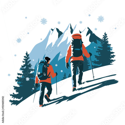 Distant View of Hikers in Snowy Winter Landscape - Vector Illustration