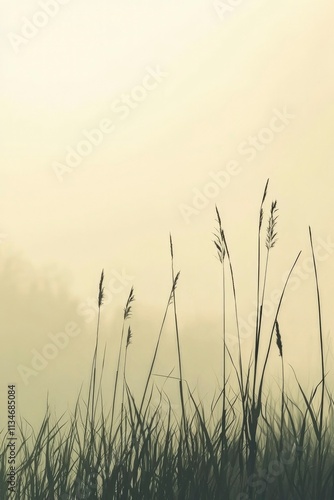 Silhouetted Grasses Rise Through Morning Mist