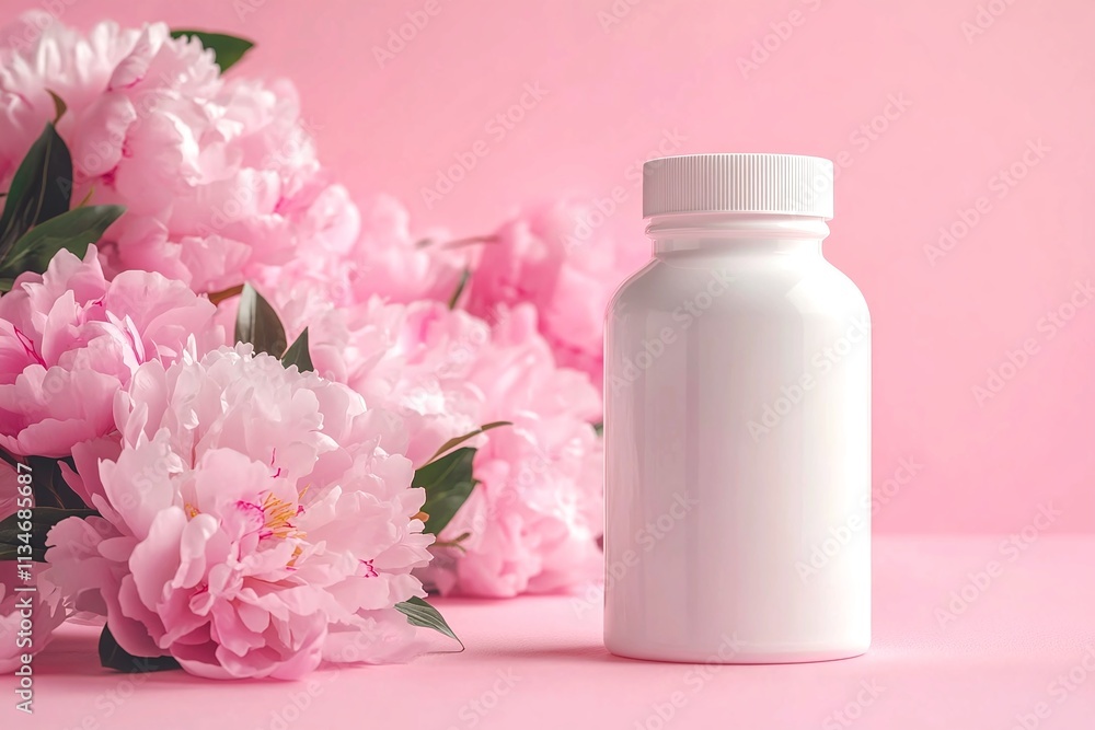 a blank white supplement bottle mockup on pink background with peonies a blank white supplement bottle mockup on pink background with peonies