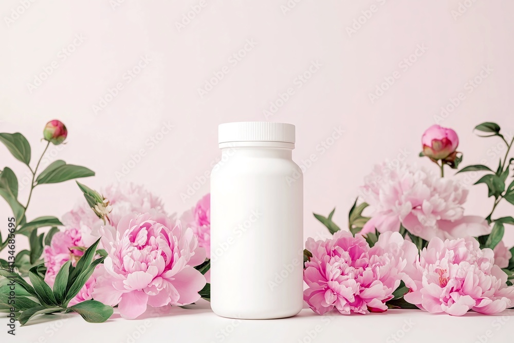 a blank white supplement bottle mockup on pink background with peonies a blank white supplement bottle mockup on pink background with peonies