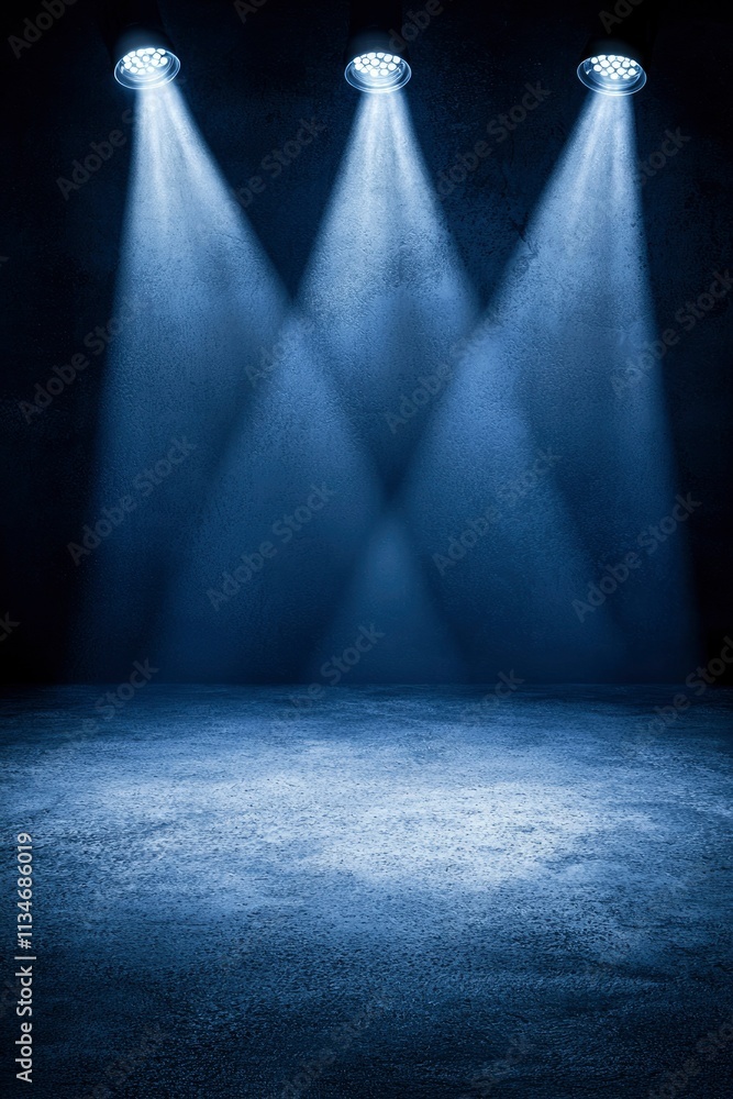 Obraz premium Three Spotlights Illuminate Dark Concrete Floor