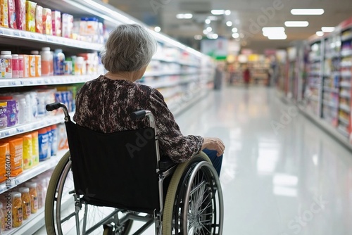 An elderly woman sits in a wheelchair, gazing at the vibrant products lining grocery store shelves as she enjoys her shopping experience. Generative AI