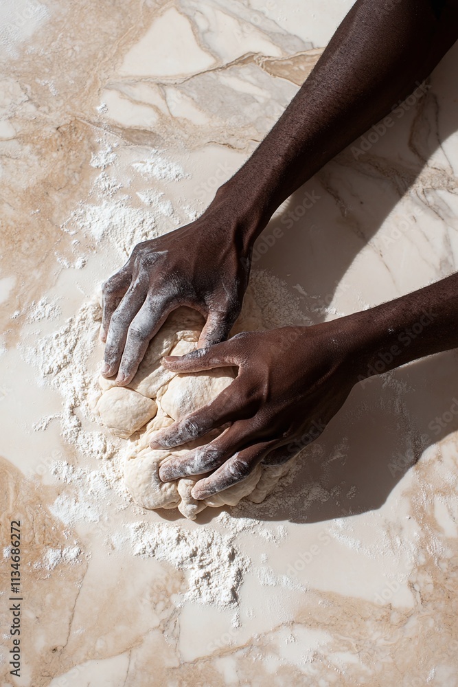 Fototapeta premium Dark skinned men's hands knead the dough