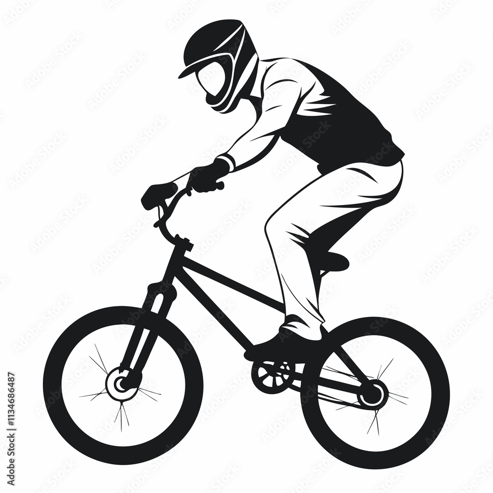 Naklejka premium BMX rider in action, dynamic silhouette in black color with copy space