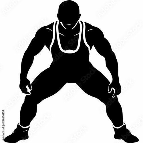 Powerful wrestler in dynamic stance ready to grapple. Athletic figure exhibits strength in competitive pose. Sports concept: Wrestling club, Fitness center, Athletic training