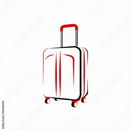 Stylish travel suitcase, minimalist design in red and white color with copy space