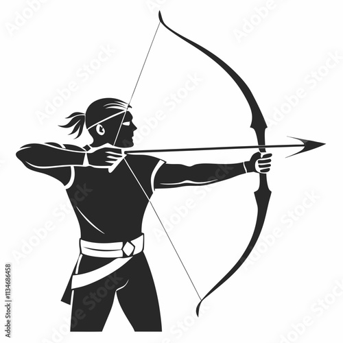 Archer aiming a bow, dynamic silhouette in black color with copy space