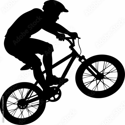 BMX rider performing a jump, dynamic silhouette in black color with copy space