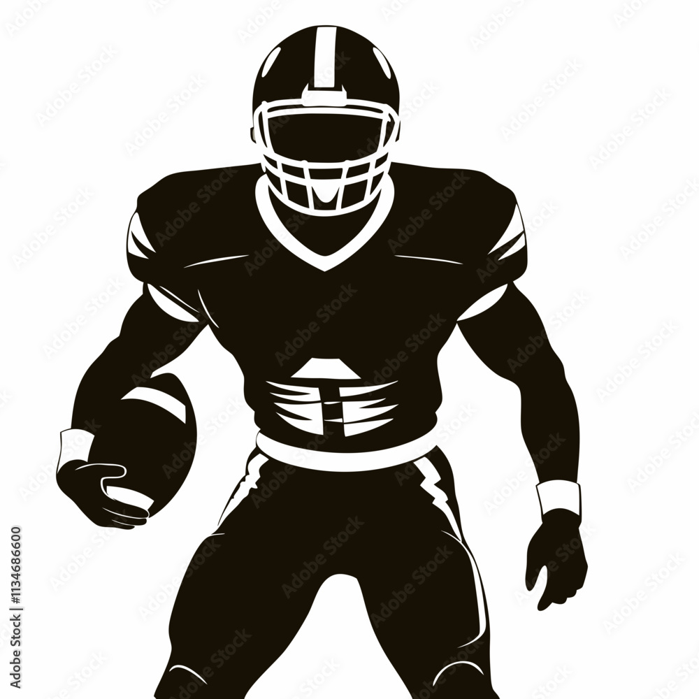 Football player poised with ball, powerful stance shows competitive readiness on field. Concept: Sports equipment, Team merchandise, Football academies