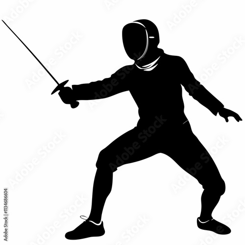 Fencer in offensive position, dynamic silhouette in black color with copy space
