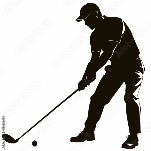 Golfer executes perfect swing form. Classic pose demonstrates professional technique on course. Concept: Golf instruction, Sport elegance, Country club lifestyle