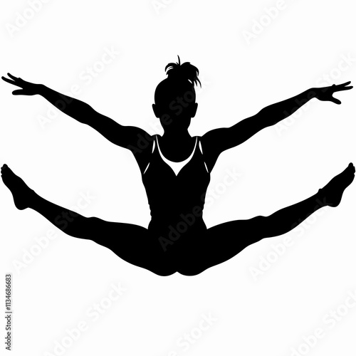 Female gymnast performs dramatic split leap, perfect form displays strength and grace in motion. Concept: Gymnastics academies, Dance studios, Sports equipment brands