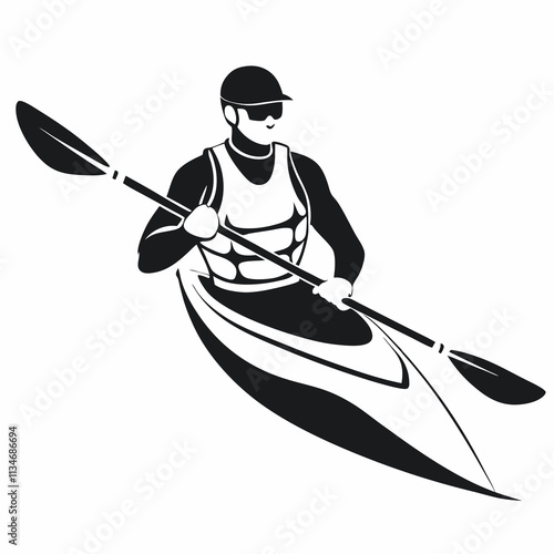 Kayaker in motion, determined and skilled, paddling swiftly through water, isolated background