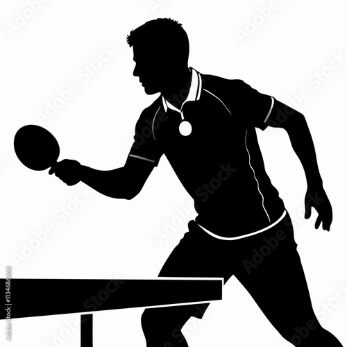 Dynamic ping pong player silhouette captured in precise serve position. Professional stance demonstrates technical excellence. Concept: Sports Recreation, Club Activity, Competition