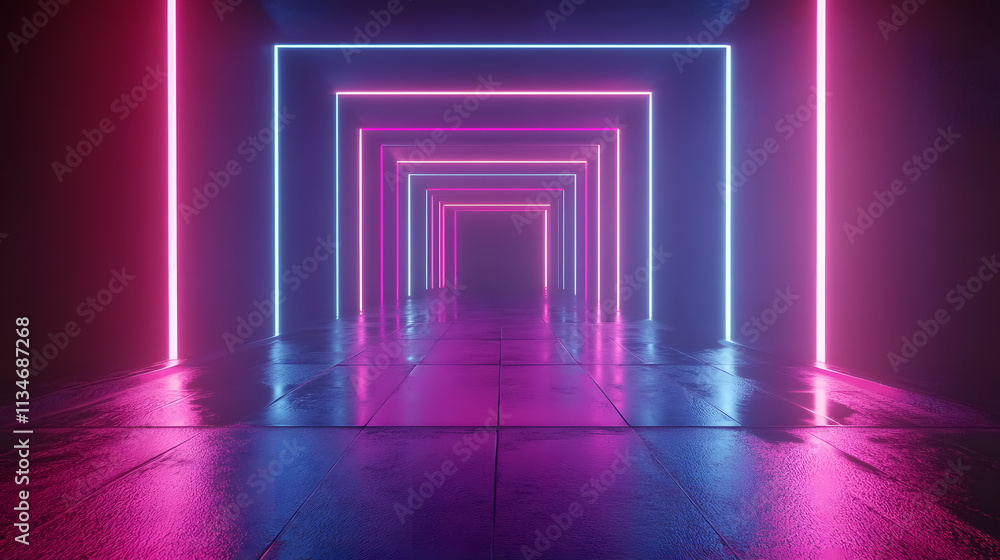 3D render showcasing glowing lines in a tunnel of neon lights, creating a virtual reality abstract background with vibrant pink and blue colors. 3D render showcasing glowing lines in a tunnel of neon lights, creating a virtual reality abstract background with vibrant pink and blue colors.