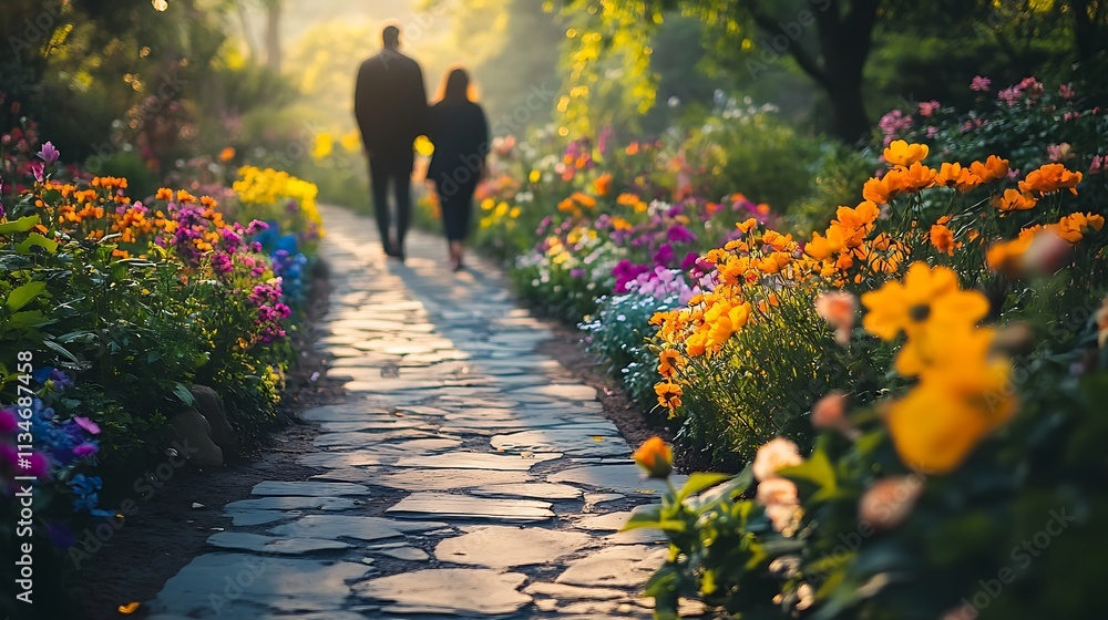 Obraz premium Couple Walking Down A Colorful Garden Path