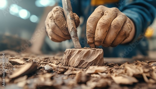 A craftsman carving stories into driftwood, a meditative merging of hobbies and nature The artist's hands, stained with wood dust, carefully guide a chisel, shaping raw driftwood into a work of art photo