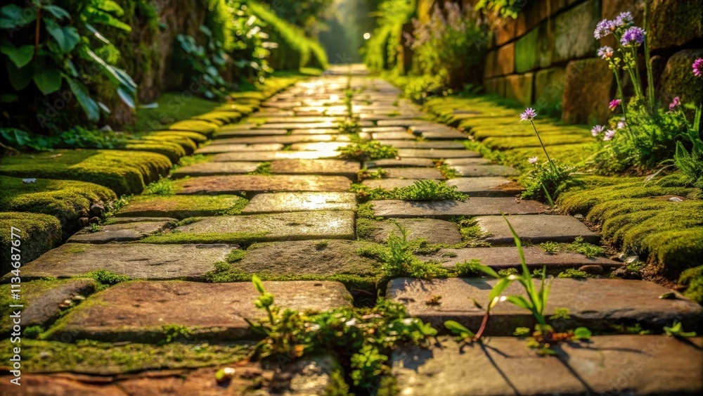 Naklejka premium A stone path with moss growing between the cracks, illuminated by the warm glow of sunlight