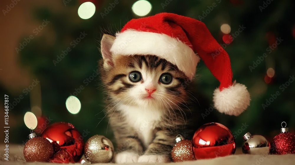 Adorable kitten wearing Santa hat surrounded by Christmas decorations Adorable kitten wearing Santa hat surrounded by Christmas decorations