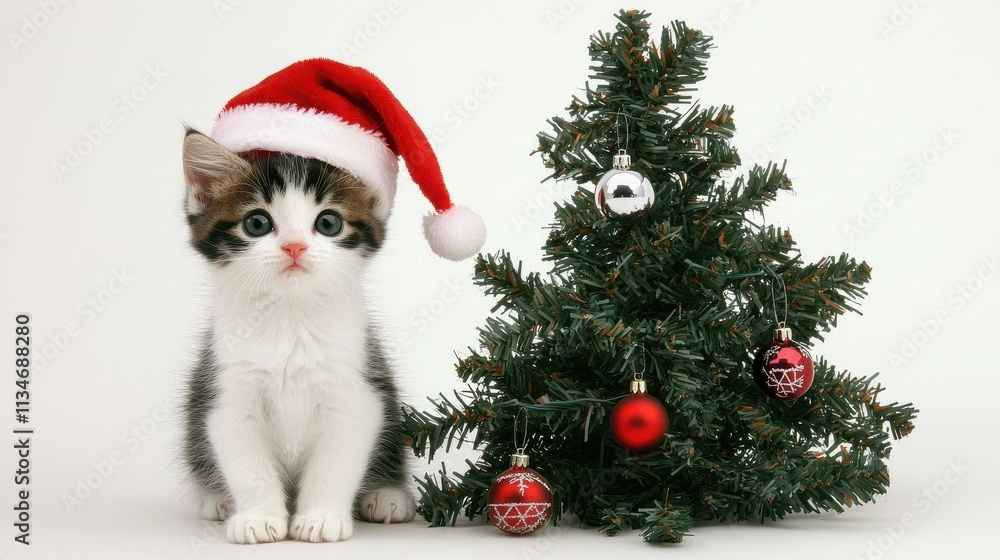 Playful kitten in Santa hat next to festive Christmas tree Playful kitten in Santa hat next to festive Christmas tree