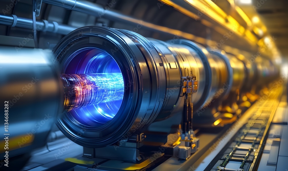 Visualize a particle accelerator experiment demonstrating relativistic effects, realistic, very detailed Visualize a particle accelerator experiment demonstrating relativistic effects, realistic, very detailed