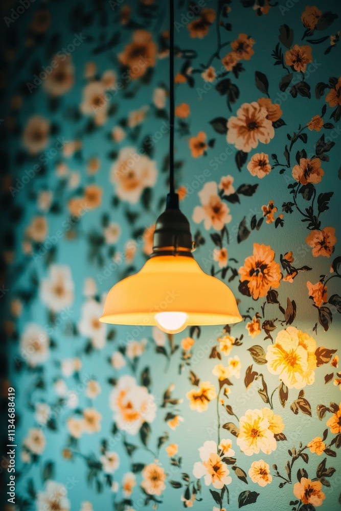 Obraz premium Yellow Pendant Light Against Floral Wallpaper