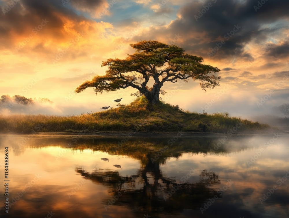 Fototapeta premium Discover the beauty of nature's art with a photographer capturing rare birdlife in wetlands, a meditative wildlife artistry Witness breathtaking wildlife photography at dawn observe majestic herons