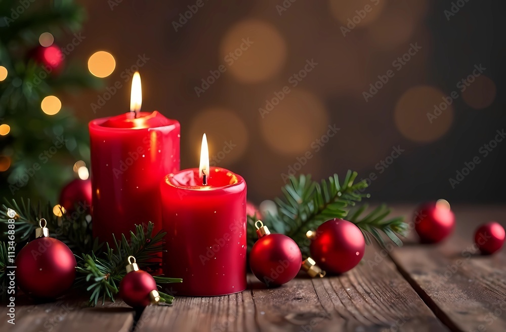 Christmas Background. Red balls on light country tree, red candles, banner Christmas Background. Red balls on light country tree, red candles, banner