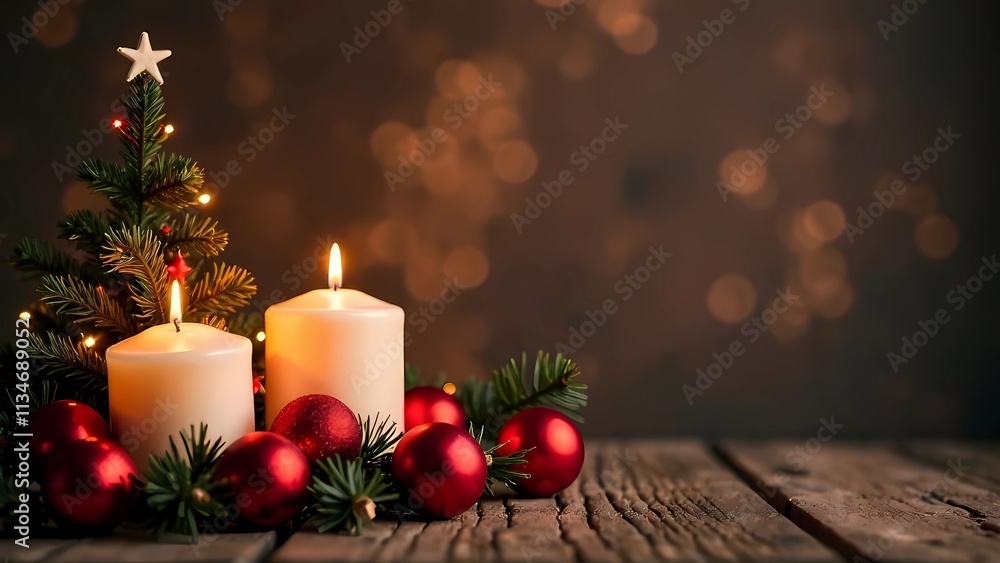 Christmas Background. Red balls on light country tree, red candles, banner Christmas Background. Red balls on light country tree, red candles, banner