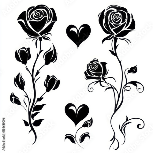 Elegant black roses intertwined with hearts create romantic design