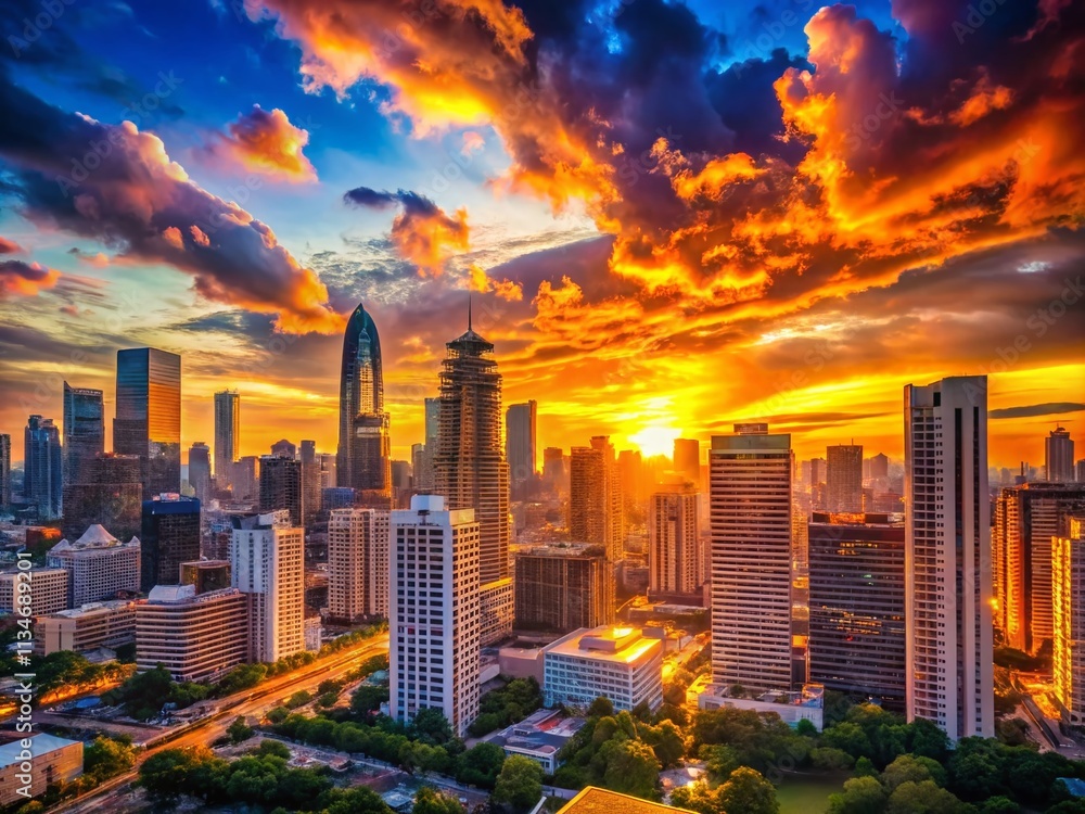 Fototapeta premium A Stunning Urban Sunset Over a Bustling City Skyline with Silhouetted Skyscrapers and a Vibrant Sky Perfect for Capturing the Essence of City Life and Architecture