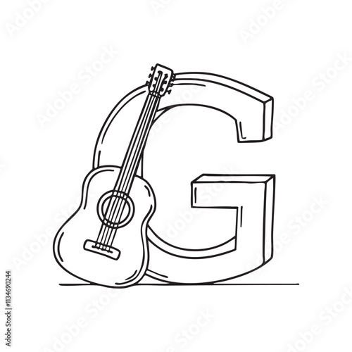 An illustration of letter G beside a guitar