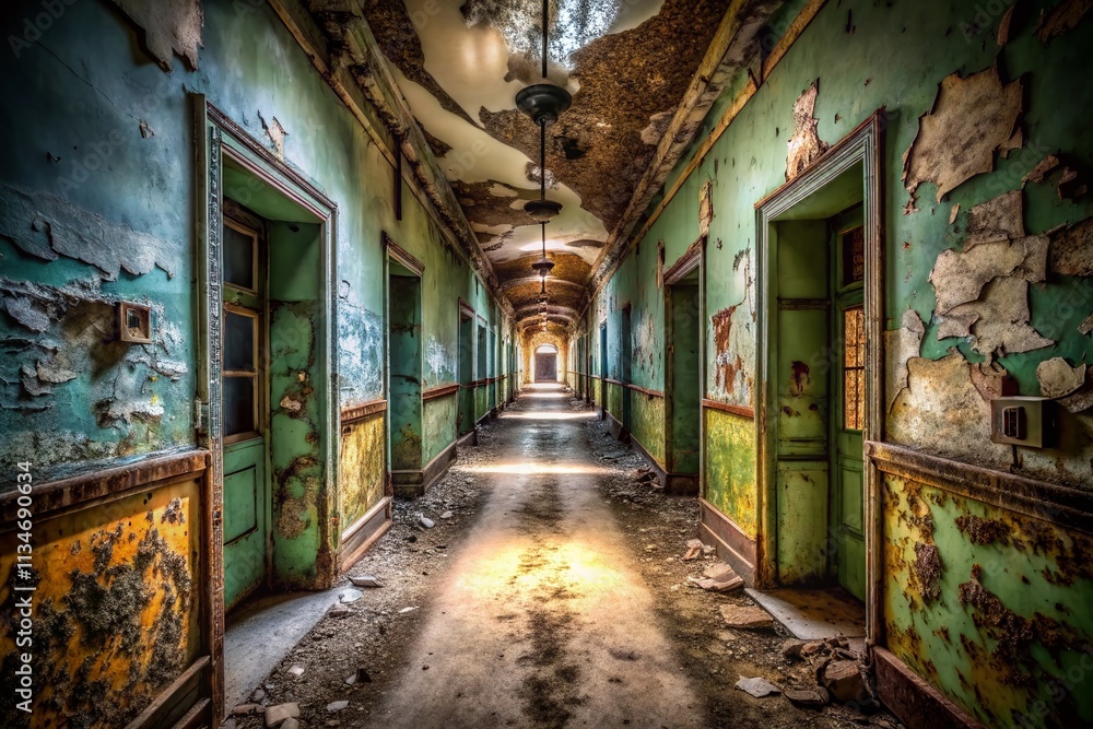Fototapeta premium Atmospheric Low Light Photography of an Abandoned Hospital Corridor with Shadows and Decaying Walls, Evoking a Sense of Mystery and Forgotten History in a Dark and Eerie Environment