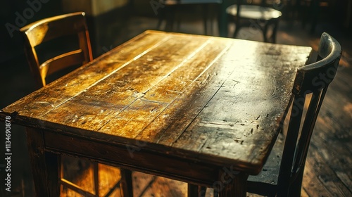 Rustic Wooden Table with Warm Sunlight in Cozy Atmosphere