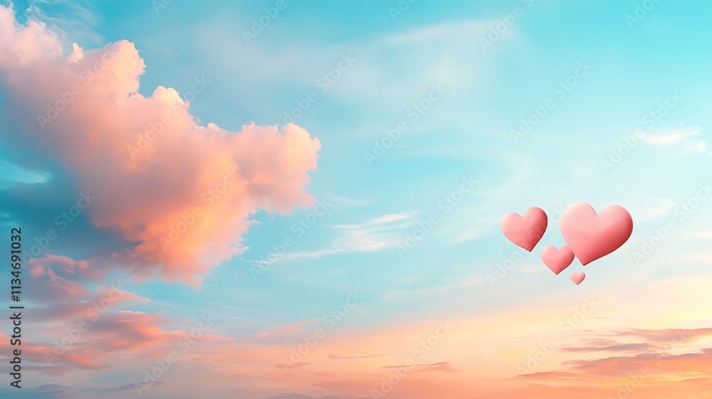 Serene valentine's day digital artwork elevated view of hearts and scenic sky Serene valentine's day digital artwork elevated view of hearts and scenic sky