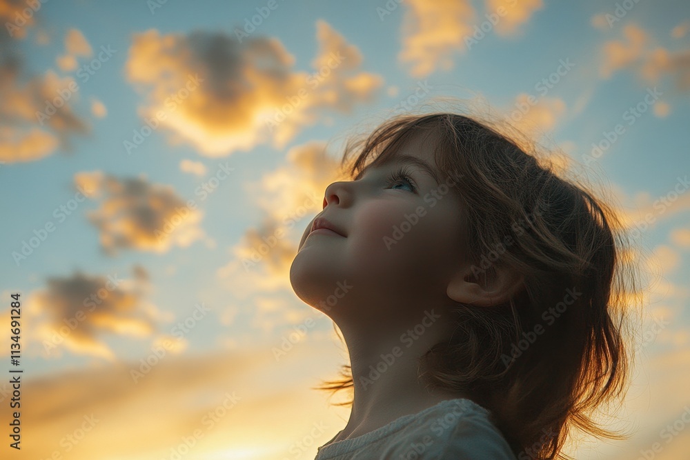 Young Child Gazing Upward At Sunset Clouds Young Child Gazing Upward At Sunset Clouds