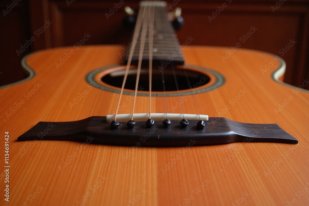Acoustic guitar bridge neck body and strings in detail Acoustic guitar bridge neck body and strings in detail