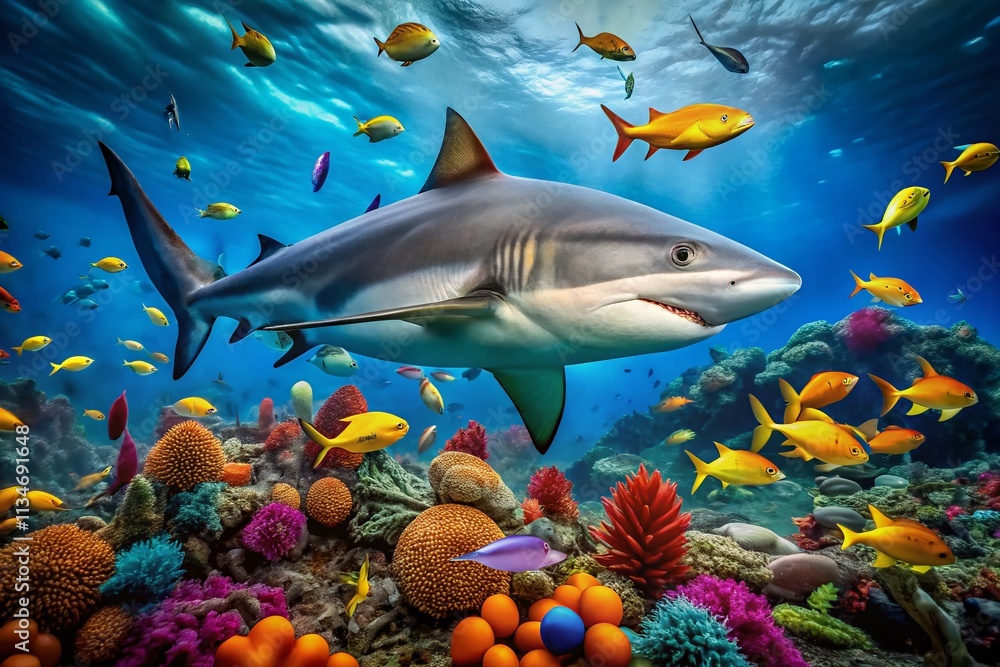 Fototapeta premium A Unique Underwater Scene Featuring a Large Shark with a Smaller Shark Riding on Its Back, Capturing the Beauty of Marine Life and Their Interactions in a Stunning Ocean Environment