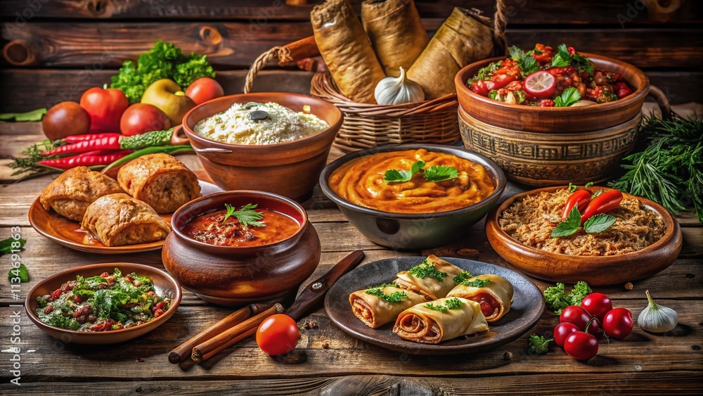 Authentic Bulgarian Traditional Food in Low Light Setting, Showcasing Colorful Dishes and Rustic Tableware, Emphasizing Cultural Heritage and Culinary Artistry in a Cozy Atmosphere Authentic Bulgarian Traditional Food in Low Light Setting, Showcasing Colorful Dishes and Rustic Tableware, Emphasizing Cultural Heritage and Culinary Artistry in a Cozy Atmosphere
