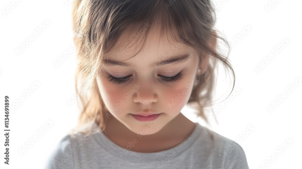 Young girl with long hair looking down thoughtfully while wearing a light gray shirt in a softly lit environment. Young girl with long hair looking down thoughtfully while wearing a light gray shirt in a softly lit environment.